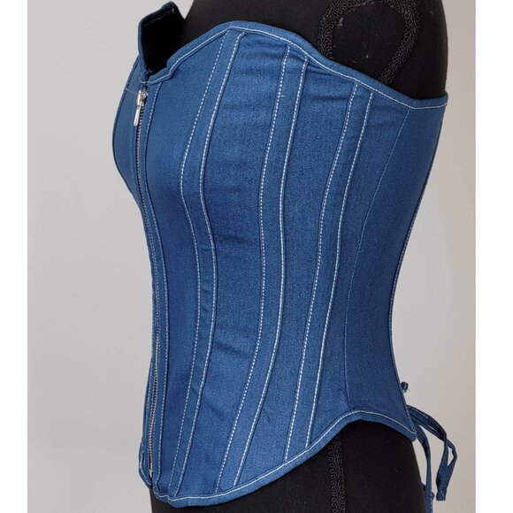 Sexy Blue Denim Corset With Zipper - Picture 4 of 9